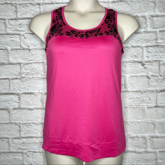 Alex + Abby Racerback Athletic Tank Top Women’s L Built-In Shelf Bra Pink Black - Picture 3 of 8